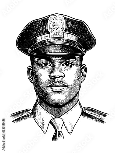 Cinematic portrayal of a confident police officer standing proudly in his uniform amidst a vibrant nature backdrop during golden hour