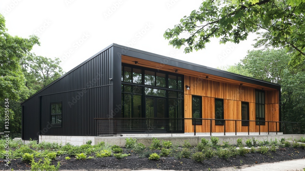Modern Architectural Elegance: A stunning modern home, combining sleek black metal with warm wood accents, nestled harmoniously amidst lush greenery. capturing modern design Modern Architectural Elegance: A stunning modern home, combining sleek black metal with warm wood accents, nestled harmoniously amidst lush greenery. capturing modern design