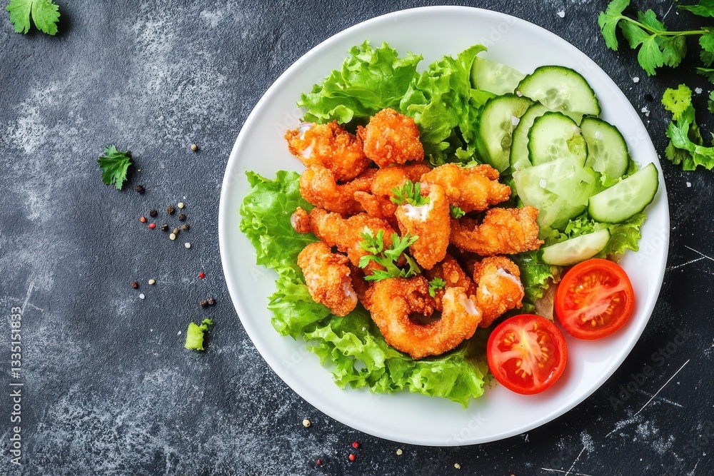 Crunchy squid on a dish with tomatoes cucumber and lettuce Crunchy squid on a dish with tomatoes cucumber and lettuce