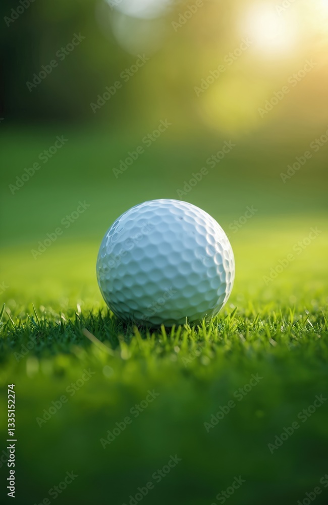 Close-up of white golf ball on fresh green grass lawn. Blurred background, shiny surface, sunny light. Sport concept. Summer leisure activity, recreation time. Precise game shot training. Close-up of white golf ball on fresh green grass lawn. Blurred background, shiny surface, sunny light. Sport concept. Summer leisure activity, recreation time. Precise game shot training.