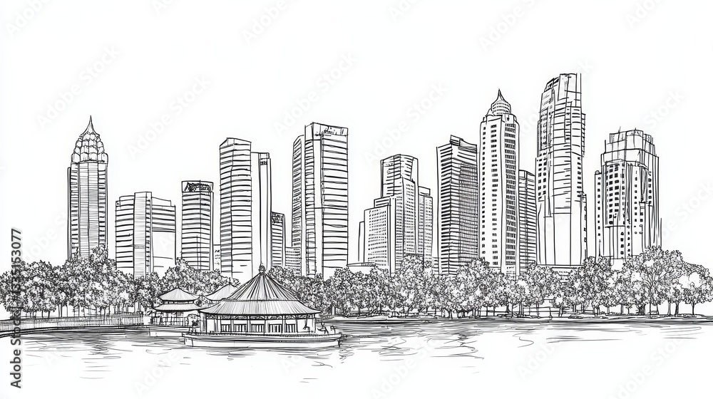 Fototapeta premium Modern City Skyline Oasis - Urban landscape, tranquil waterfront, skyscrapers, lush greenery, peaceful scene. Symbolizing harmony, progress, serenity, nature, and urban life