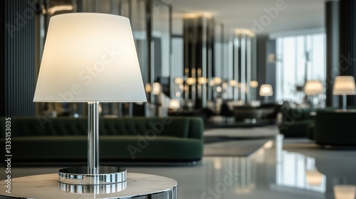 A futuristic chrome table lamp with an elegant white fabric shade in the foreground of a chic hotel lobby