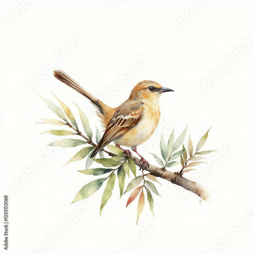 Watercolor Painting of a Bird on a Branch

