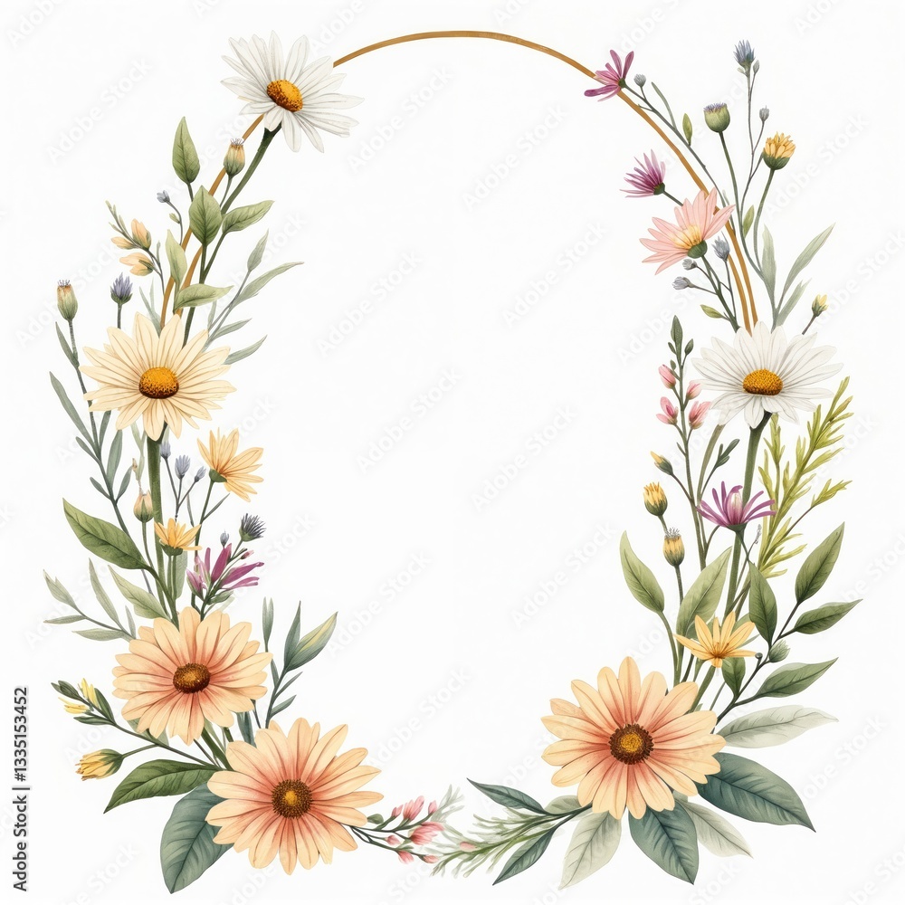 Wildflowers watercolor frame with daisy, chamomile, blossom. Botanical hand drawn spring summer floral design element, herbal wildflowers bouquet illustration, decoration for invitation card, banner, Wildflowers watercolor frame with daisy, chamomile, blossom. Botanical hand drawn spring summer floral design element, herbal wildflowers bouquet illustration, decoration for invitation card, banner,