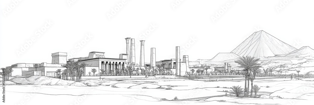 Obraz premium Ancient Egyptian Cityscape Line Art - Architectural line drawing of ancient Egyptian temples, pyramids, palm trees, and desert landscape. Symbolizing history, architecture, culture, heritage