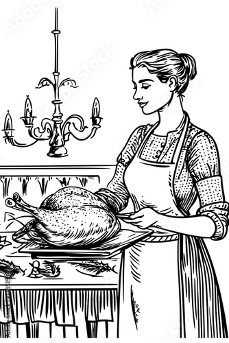 Beautiful woman preparing a turkey in a cozy kitchen during a festive gathering in the evening light
