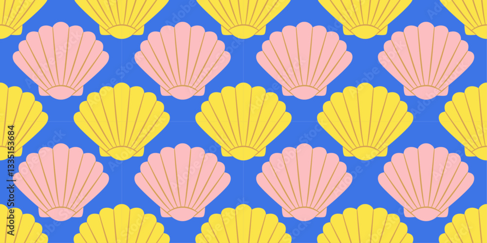 Obraz premium Seamless pattern with pink and yellow sea shells Hand drawn trendy flat style seashell. Tropical beach shells. Summer seamless pattern. Vector illustration