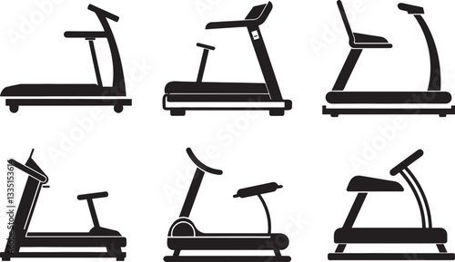 set of treadmill silhouette, black and white silhouette, vector and illustration