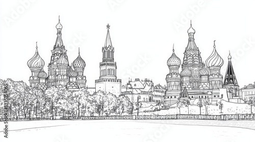 Red Square Line Art Sketch: Iconic Architecture - A captivating line art sketch of Red Square's stunning architecture, symbolizing history, culture, beauty, heritage, and tourism