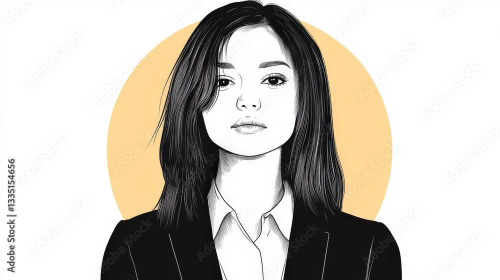 Woman, portrait, illustration, black, white, hair, face, serious, expression, elegant, stylish, suit, jacket, shirt, circle, background, yellow. Woman, portrait, illustration, black, white, hair, face, serious, expression, elegant, stylish, suit, jacket, shirt, circle, background, yellow.