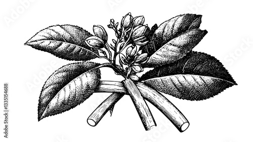 Beautiful nature illustration showcasing a flowering plant with leaves and buds, capturing the essence of botanical art