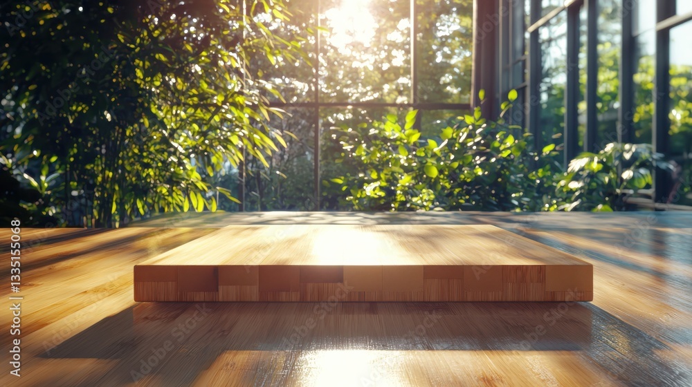 Fototapeta premium Bamboo kitchen chopping block on rustic table warm lighting surface showcase angled perspective