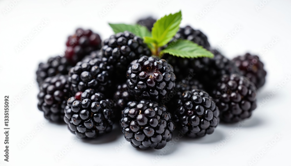 Pile of shiny fresh ripe blackberries with leaves on white background. Macro close-up studio shot of juicy summer berries full of vitamins. Healthy vegetarian food, dieting, refreshment. Pile of shiny fresh ripe blackberries with leaves on white background. Macro close-up studio shot of juicy summer berries full of vitamins. Healthy vegetarian food, dieting, refreshment.