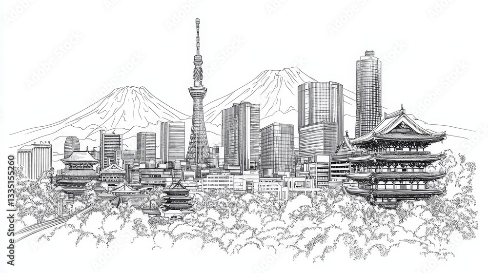 Fototapeta premium Tokyo Skyline: Modern Meets Ancient - A captivating blend of modern skyscrapers and ancient temples against the backdrop of majestic Mount Fuji. Symbolizing progress, tradition, nature, harmony