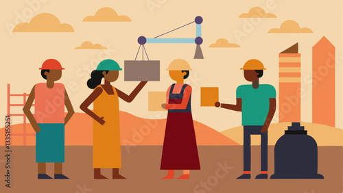 Petitioning for Land Rights Illustrate a scene where Indigenous individuals are presenting a petition to government officials amidst a backdrop of construction equipment conveying