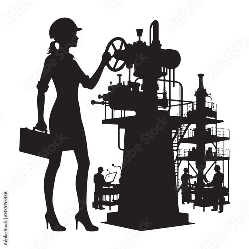 Silhouette of Female Engineer Working on Industrial Machinery Illustration