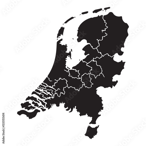 Detailed Black and White Silhouette Map of Netherlands Showing Major Divisions