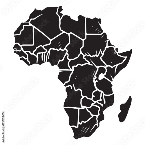 Detailed Black and White Silhouette Map of Africa with Country Borders