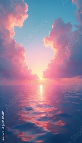 Serene sunset over calm ocean with pink, blue cumulus clouds. Evening dusk sky reflecting light in sea waves. Beautiful water surface, horizon view. Tranquil seascape in soft vibrant colours for