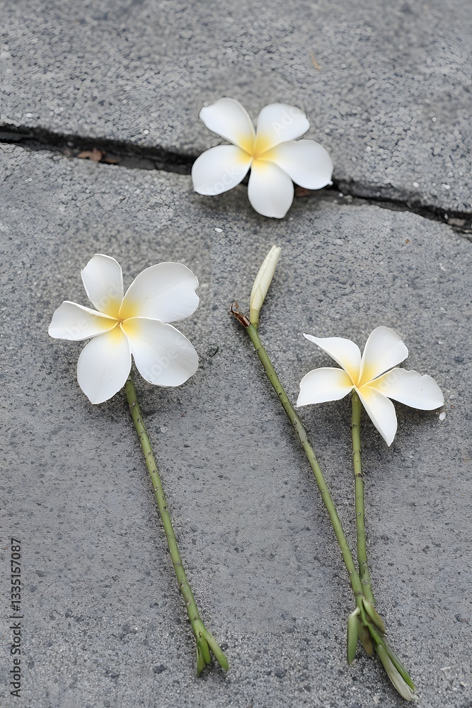 Obraz premium Three Delicate White Plumeria Flowers on Gray Pavement