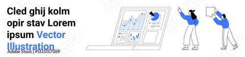 Laptop displaying analytics with line charts and pie graphs. Two individuals discussing strategy. Ideal for data visualization, teamwork, analytics, strategy, planning, reports, simple landing page