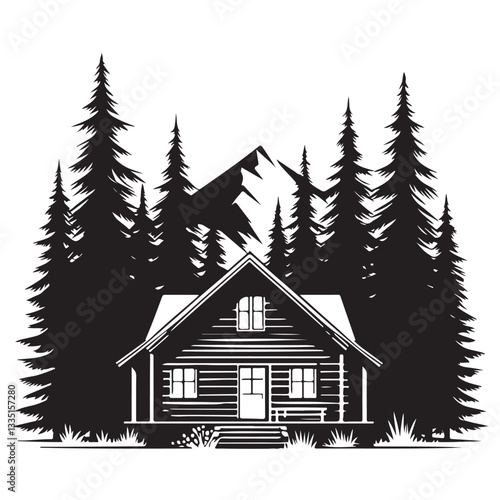 Scenic Log Cabin Illustration With Mountain Backdrop and Pine Trees