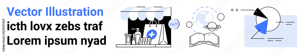 Shopping bag near storefront, open book with ideas, and analytics graph in simple style. Ideal for e-commerce, education, business strategy, data analysis, technology, creativity simple landing page Shopping bag near storefront, open book with ideas, and analytics graph in simple style. Ideal for e-commerce, education, business strategy, data analysis, technology, creativity simple landing page