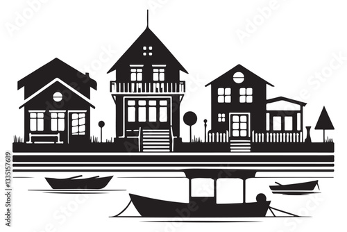 Suburban Houses Silhouette Illustration Along the Waterfront with Boats