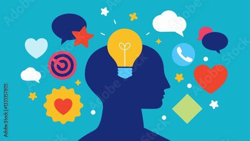 Open Mind A silhouette of a person with an open head surrounded by bright illustrations of various thoughts and feelings like hearts question marks and light bulbs representing