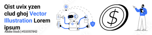 Robot holding devices, dollar coin icon, person with clipboard interacting. Ideal for technology, AI, security, finance, innovation, analysis and a simple landing page