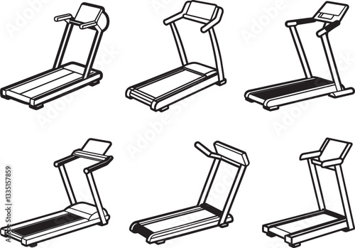 set of treadmill line art, black outline, vector and illustration, coloring book page line art drawing