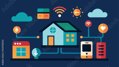 Smart Home Hub Interface A futuristic home control panel displaying interconnected appliances such as window shades security systems and kitchen tools showing their current status