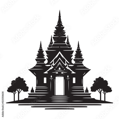 Explore the Beauty of Southeast Asian Temple Complex Silhouette Illustration