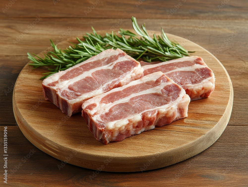 Exquisite Pork Chops: Fresh Cut, Raw Meat on Wooden Board with Rosemary, a Culinary Still Life for Delicious Cooking and Healthy Dining Exquisite Pork Chops: Fresh Cut, Raw Meat on Wooden Board with Rosemary, a Culinary Still Life for Delicious Cooking and Healthy Dining