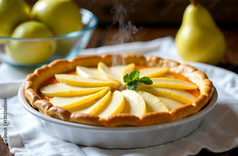 Close-up of a hot pie with a pear, steaming. Close-up of a hot pie with a pear, steaming.