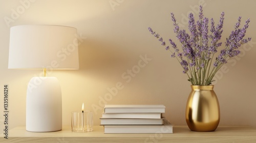 Wallpaper Mural A minimalist, light oak end table with a matte white lamp and a minimalist gold vase holding delicate lavender flowers Torontodigital.ca