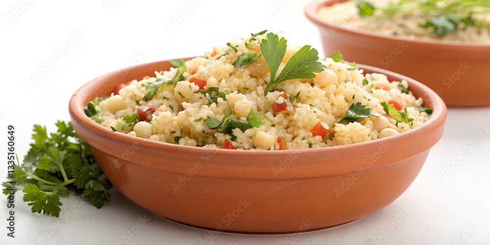 A vibrant and healthy couscous salad, bursting with fresh herbs and chickpeas, served in a rustic terracotta bowl offering a warm and inviting culinary experience. A vibrant and healthy couscous salad, bursting with fresh herbs and chickpeas, served in a rustic terracotta bowl offering a warm and inviting culinary experience.