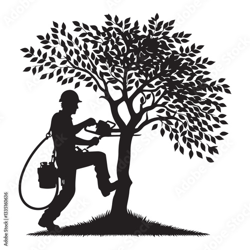 Silhouette of Arborist with Chainsaw in Tree Vector Illustration