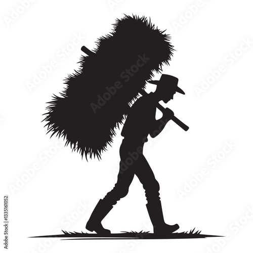 Silhouette Farmer Carrying Hay Bale on Shoulder Agricultural Concept Vector