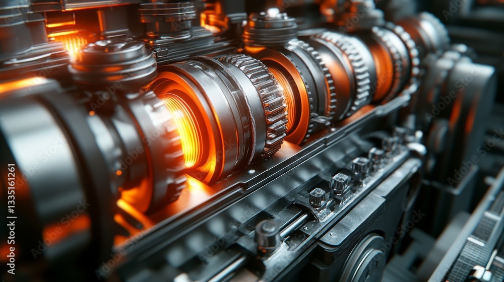 Fototapeta premium A detailed shot of complex metallic gears, illuminated to showcase their intricate textures and interlocking mechanisms in an energetic industrial environment