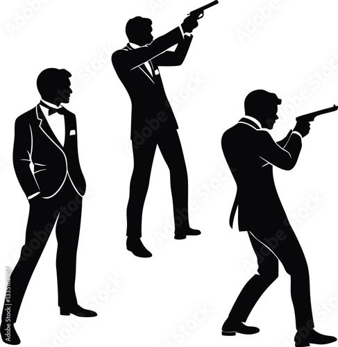 Silhouettes of Three Suited Men with Guns Showcasing Classic Spy and Secret Agent Theme