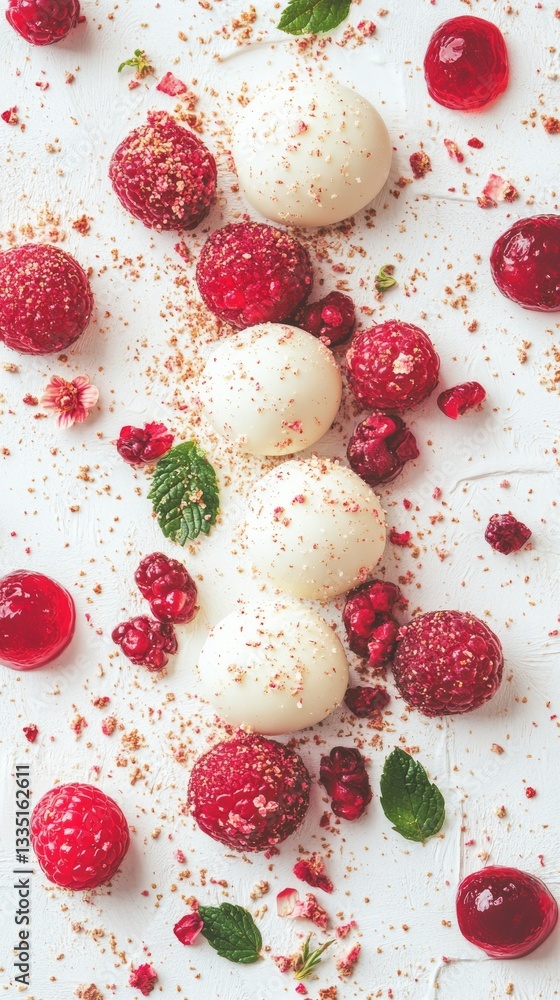 A lively display of red berries, creamy sweets, and a shiny jelly, forming an enticing visual treat on a marble table A lively display of red berries, creamy sweets, and a shiny jelly, forming an enticing visual treat on a marble table