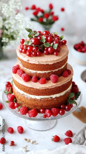 Wallpaper Mural A vibrant layered dessert with berries, cream, and sponge cake, topped with fresh mint leaves in a transparent glass dish Torontodigital.ca