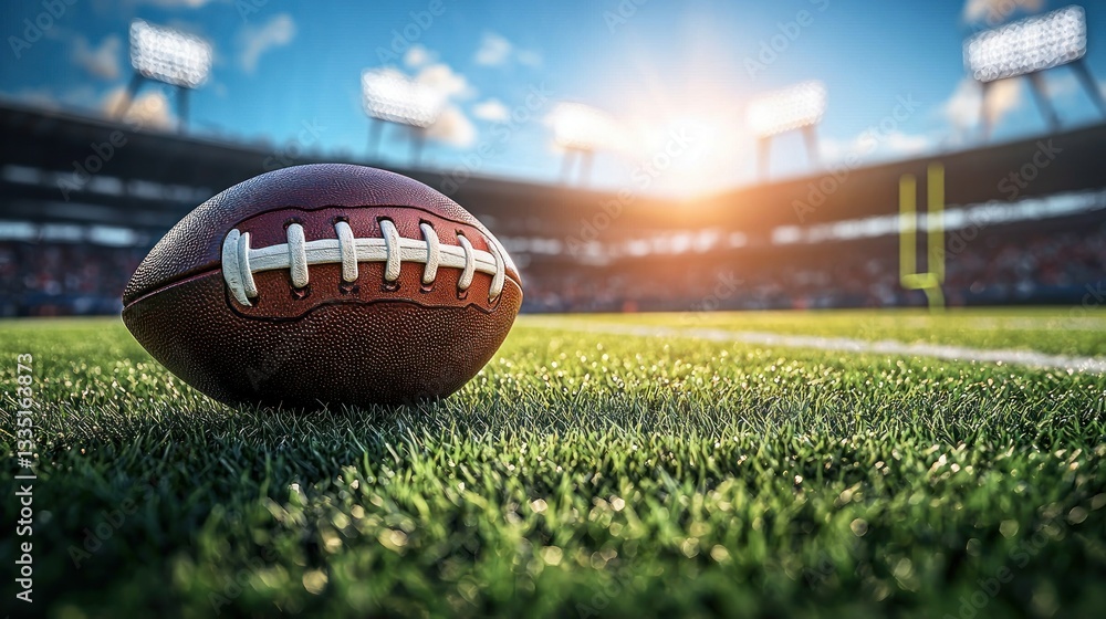 Football on field, stadium backdrop Football on field, stadium backdrop