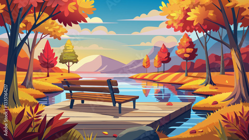 Please sit, enjoy. A wood bench sits on a pier in a serene portion of a lake surrounded by the beautiful colorful fall foliage.