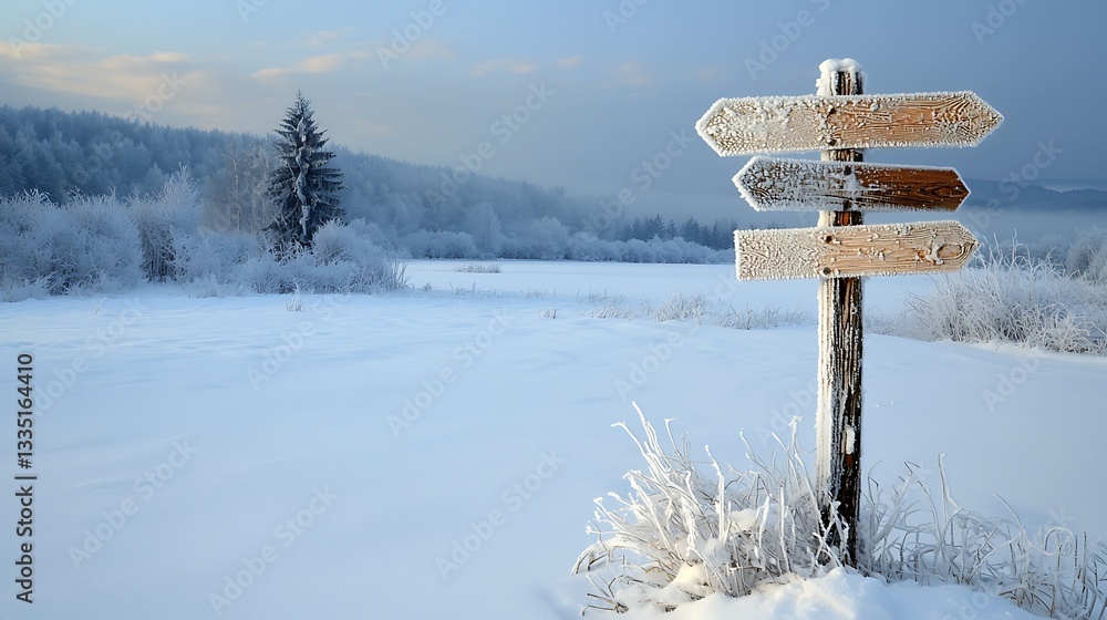 Naklejka premium Frosty winter landscape with wooden directional signs. A pristine snowy field stretches into a background of frosted trees and distant hills on a clear winter morning