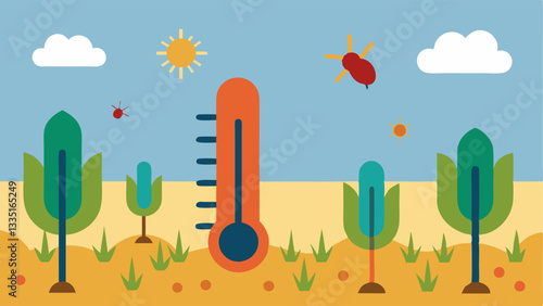 Pest Invasion An of crops being by pests with a thermometer in the background showing increased temperatures suggesting a link to climate change.