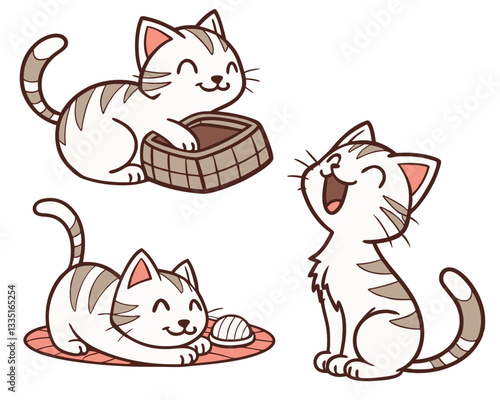 A collection of playful cartoon cats in various simple and friendly poses, showcasing adorable pet actions.
