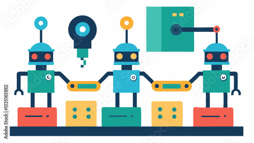 Robots Sorting Components Several robotic arms sort various components on a production line using sensors to identify and categorize parts based on size and color.