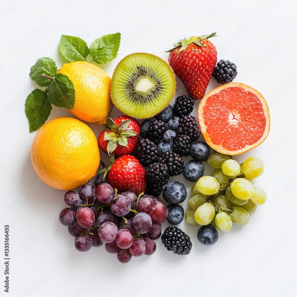 Vibrant assorted fruits display white background food photography freshness focus top-down view colorful arrangement Vibrant assorted fruits display white background food photography freshness focus top-down view colorful arrangement